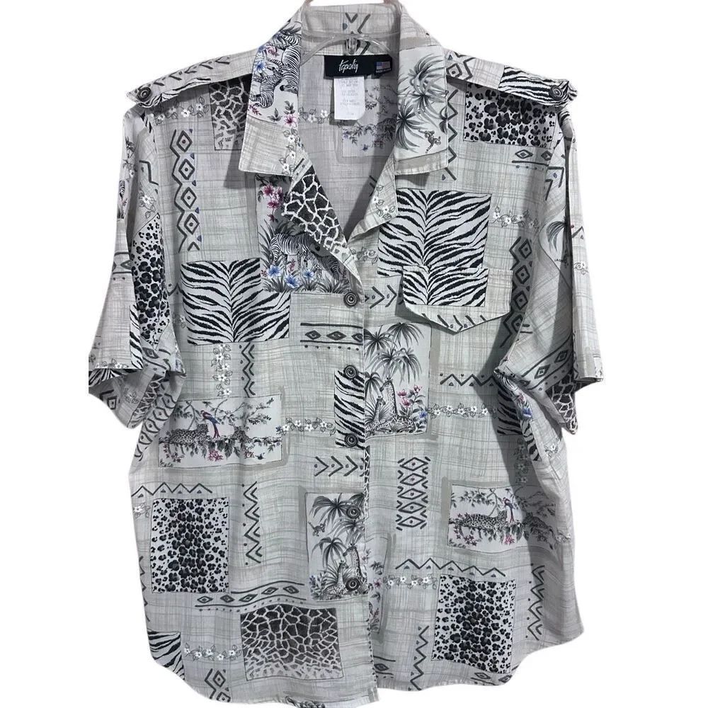 Tapestry VTG Safari Animal Print Women’s Short Sleeve Button Down Top Size 14/16